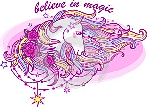 White Unicorn with a rainbow mane. Vector illustration