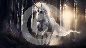 white unicorn running in forest at day light, neural network generated art