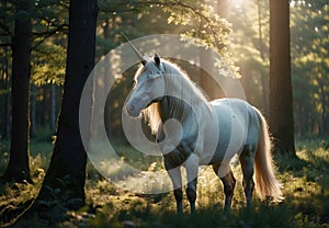 White Unicorn standing in Sunlit Forest