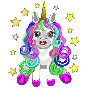 White unicorn with stars, cartoon. Unicorn isolated on white background, clipart, vector, character.