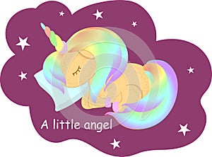 White Unicorn vector illustration for children design. Rainbow hair. Isolated. Cute fantasy animal.Magic cute baby unicorn, quote