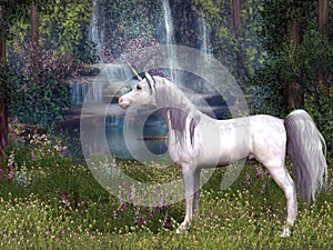 White Unicorn and Waterfall with Flowers