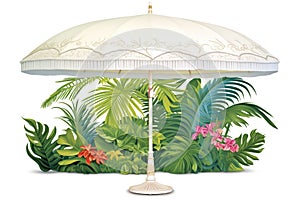 a white upf parasol resting in lush tropical greenery