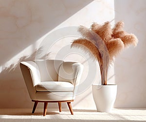 White upholstered barrel chair and vase with pampas grass near stucco wall. Interior design of modern living room. Created with