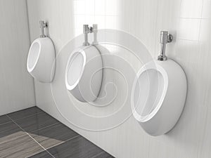 White urinals in men public toilet. Modern ceramic urinals hanging on the tiled wall. 3d rendering illustration