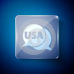 White USA label icon isolated on blue background. United States of America. Square glass panels. Vector