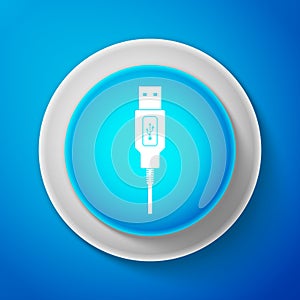 White USB cable cord icon isolated on blue background. Connectors and sockets for PC and mobile devices. Computer