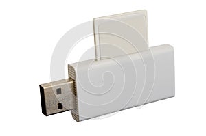 White USB card reader with inserted SDHC card