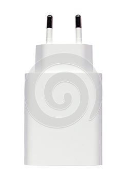 A white USB electric power socket AC outlet isolated on white background. USB wall charger plug