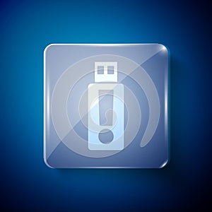 White USB flash drive icon isolated on blue background. Square glass panels. Vector