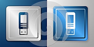 White USB flash drive icon isolated on blue and grey background. Silver and blue square button. Vector