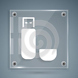 White USB flash drive icon isolated on grey background. Square glass panels. Vector Illustration