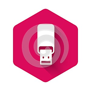 White USB flash drive icon isolated with long shadow background. Pink hexagon button. Vector