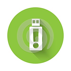 White USB flash drive icon isolated with long shadow. Green circle button. Vector