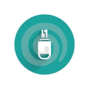 White USB flash drive icon isolated with long shadow. Green circle button. Vector Illustration