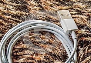 White USB phone computer cable coiled and laying on fur background
