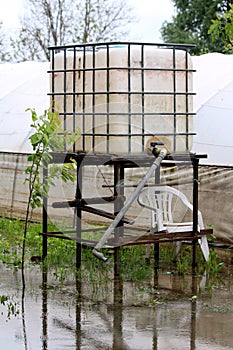 White used intermediate bulk container or IBC plastic tank with metal cage used for water storage put on elevated wooden frame in