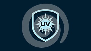 White UV protection icon isolated on blue background. Sun and shield. Ultra violet rays radiation. SPF sun sign. 4K