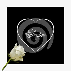 White Valentine heart silhouette with text on black with rose