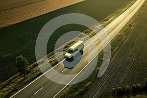 A white van driving down a country road. Aerial view