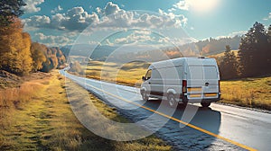 White van driving scenic autumn highway