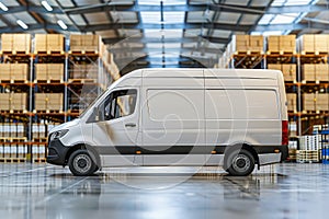 A white van inside a warehouse with shipping boxes