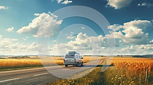 White Van Traveling On Highway Through Yellow Field