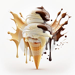 White vanilla ice cream with chocolate topping in a waffle cone on a white background.