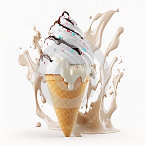 White vanilla ice cream with chocolate topping in a waffle cone on a white background.