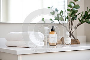 white vanity with soap, towels, and small green plant