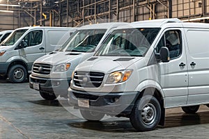 White vans parked inside warehouse