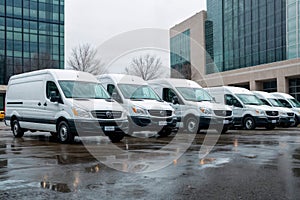 White vans parked near the logistics center on snowy winter day