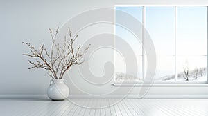 White vase with blooming branches on white floor against blue wall