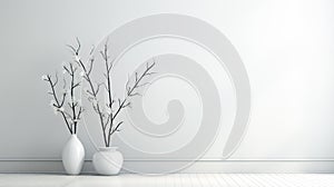 White vase with blooming branches on white floor against blue wall