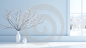 White vase with blooming branches on white floor against blue wall