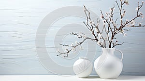 White vase with blooming branches on white floor against blue wall