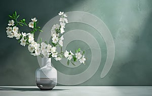 White vase with blooming flowers branches in sunlight from window on pastel emerald gray wall, shadow on white floor