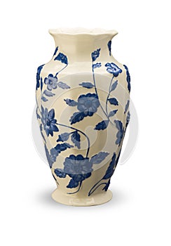 White vase with blue flowers and drop shadow