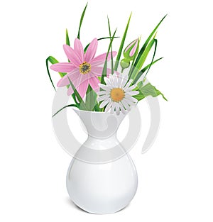 White vase with a bouquet of summer flowers and grass