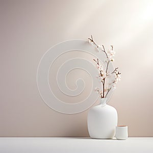 A white vase with a branch of cherry blossom on it, AI