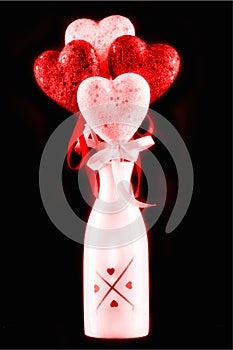 WHite vase with four hearts with four red and white hearts blooming from the top - Love, Valentine's Day, ribbon,