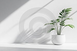 White Interior with Plant in Round Vase and Blank Space for Product Presentation