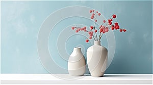 white vase with red plant on white table by blue wall with space.