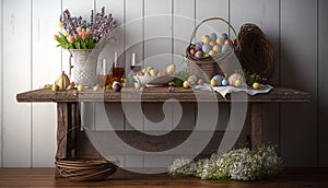 A white vase with tulips and a basket with easter eggs.