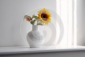 White vase with two sunflowers in it on window sill. Generative AI