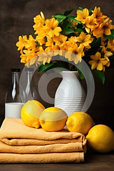 A white vase with yellow flowers and lemons, AI