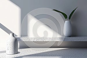 A white vases with plants in them on a shelf, AI