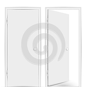White vector doors. Realistic wooden doors, closed and open inside isolated on white background