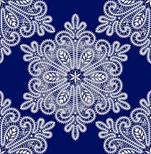 White Vector Lace Snowflakes. Dark Blue Background.