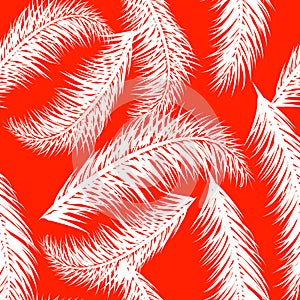 White vector palm treeson the coral background. Hand drawn seamless pattern. Summer tropical palm tree leaves seamless
